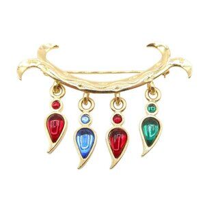 Vintage Gold Tone Multicolor Faux Gem Stone Branch Dangle Brooch Unsigned